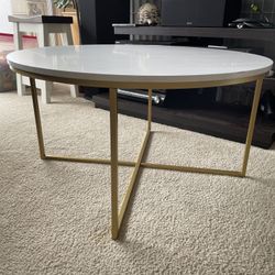 Modern Round Faux Marble Coffee Table with Gold Cross Legs