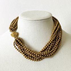 Vintage Multi Strand Brass tone textured Metal Ball Chain Statement Necklace 