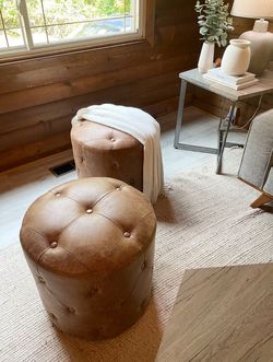 2 Cognac Leather Ottomans/Footstools / Both for $200 / Delivery Available