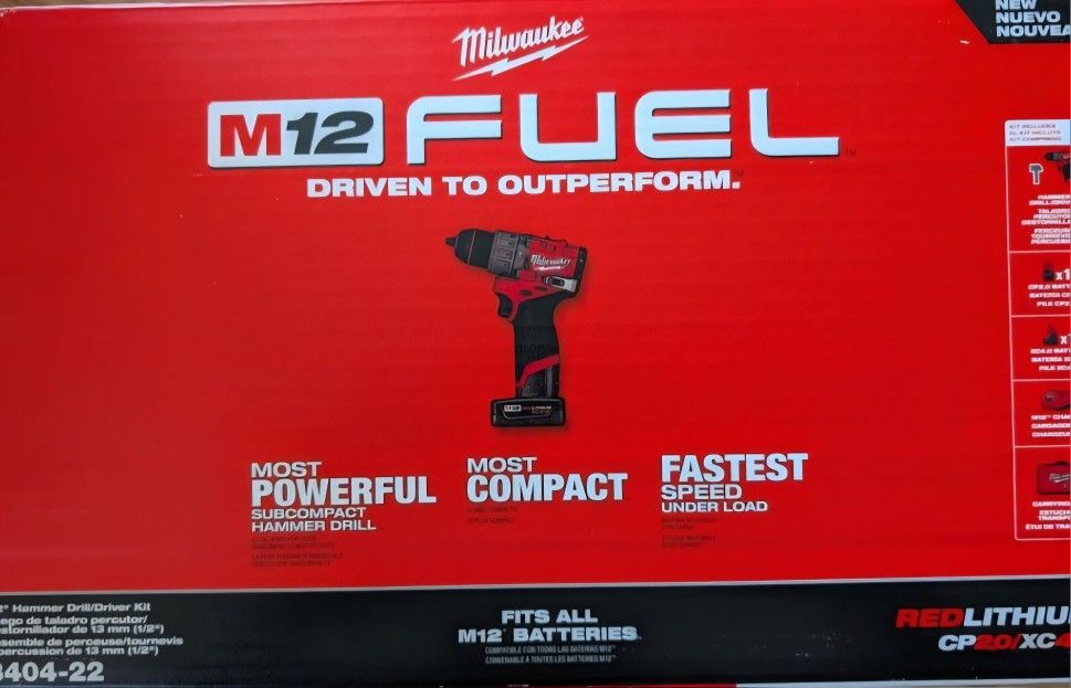 Milwaukee
M12 FUEL 12V Lithium-Ion Brushless Cordless 1/2 in. Hammer Drill Kit with 4.0 Ah and 2.0 Ah Battery and Soft Case..
Brand new unopened case
