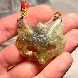 Artisan Hand - Carved Jade Fox Mask Pendant Necklace w/ Certification