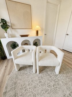 Pair of Cream Bouclé Dining Chairs – Curved Barrel Design