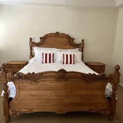 Solid Oak Cali King Bed Set (Frame + 2 Night Stand + Mattress) - Excellent Condition