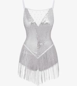 Total of 7 Shiny Sequin Fringe Bodysuit for Women Spliced Mesh Jumpsuit