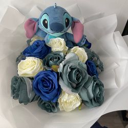 Forever Flowers Artificial Bouquet (24 Blue / White / Teal Medium Flowers & 1 Stitch Stuffed Animal)