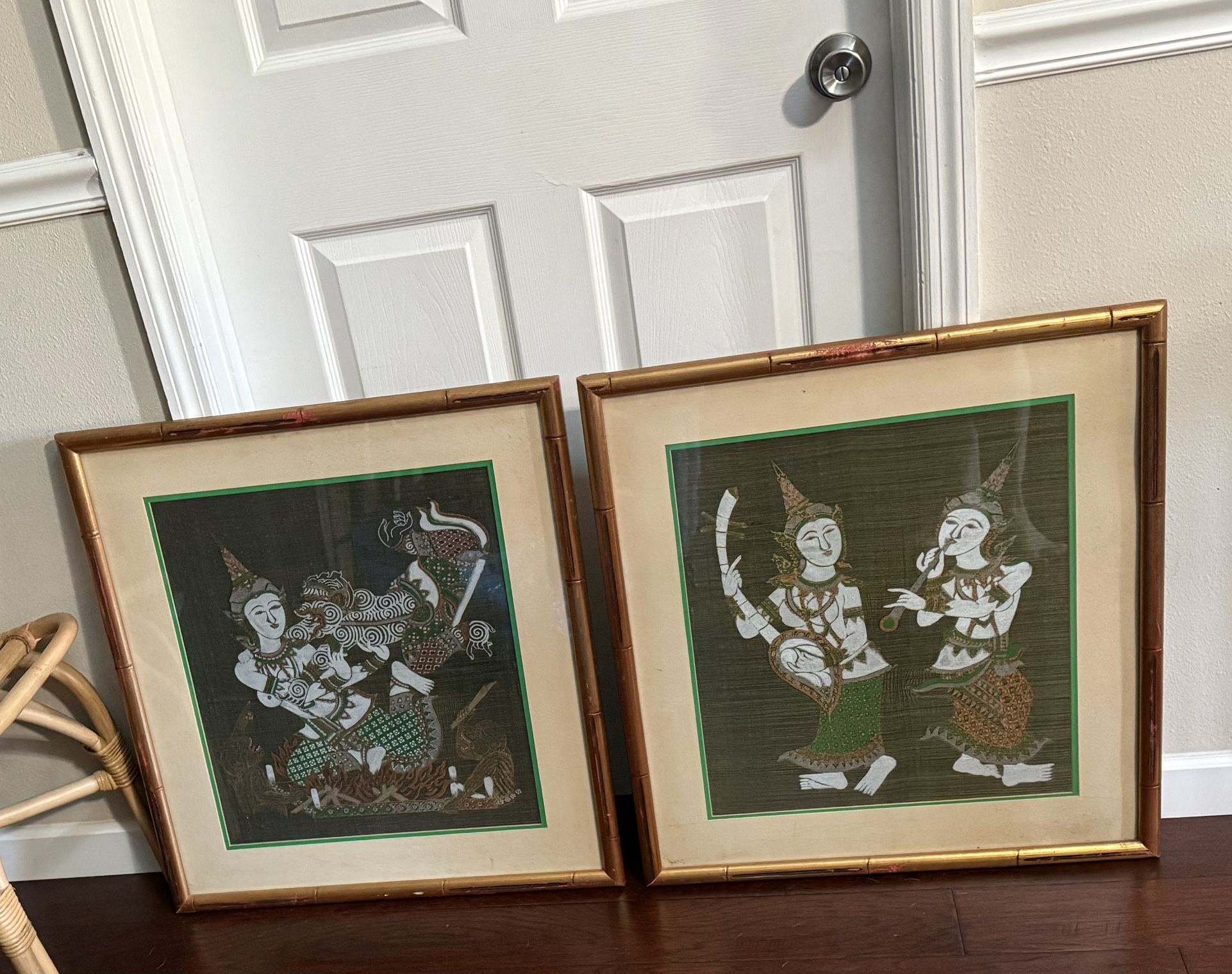 Vintage Thai Painted On Silk Material Framed Wall Art just $50 for the set