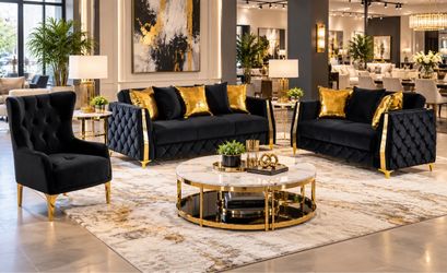 Black Velvet & Gold Living Room Furniture Set