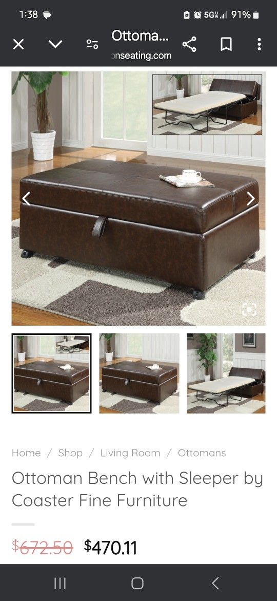 Brown Leather Ottoman With Full Size Pullout Bed