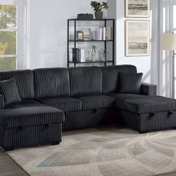 Black Corduroy Sectional Sleeper Sofa Pull Out Bed With Storage