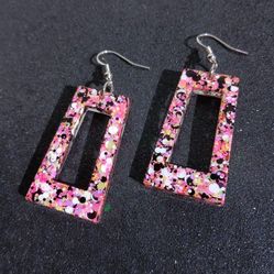 Pink black white glitter geometric art deco style dangle earrings ss hooks new 