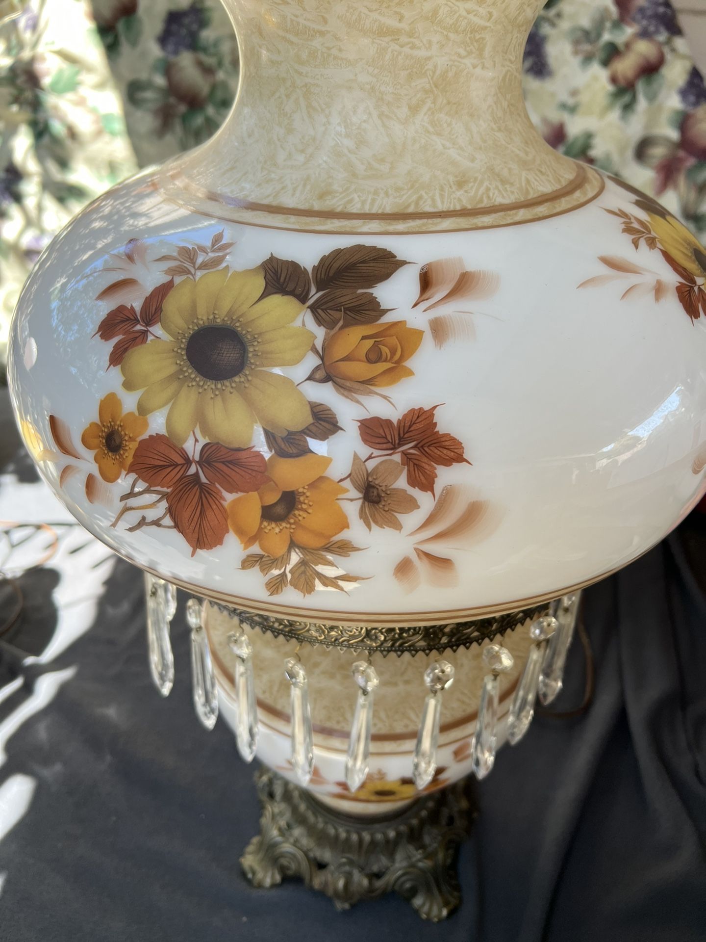 Vintage Hurricane Lamp Brass And Glass With Crystals