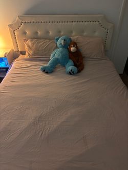White/beige Queen size bed + mattress