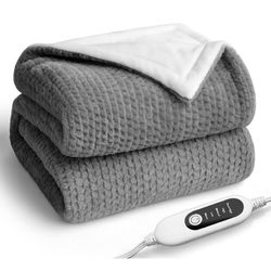 Heated Blanket Electric Blanket, Cozy Faux Rabbit Fur & Soft Flannel Warm Heater Throw Blanket with 5 Fast Heating Levels &10 Hours Auto-Off Over-Heat