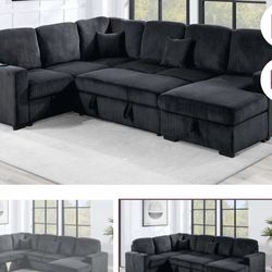 $650. 4Piece Convertible Sectional  Sleeper Sofa ,Chaise Storage ,Sofa Storage & USB Ports 98” x 103” x 61” x36”H