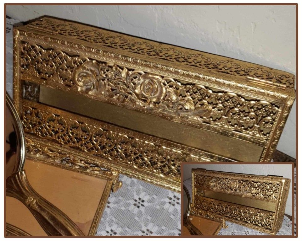 VINTAGE ORNATE GOLD PLATED MID CENTURY HOLLYWOOD REGENCY FILIGREE MATSON ORMOLU TISSUE KLEENEX BOX COVER VANITY ACCENT TABLE DECOR DISLPLAY