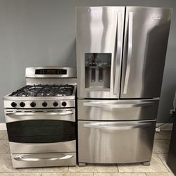 Whirlpool 4 door refrigerator &. GE double oven gas range combo stainless steel 