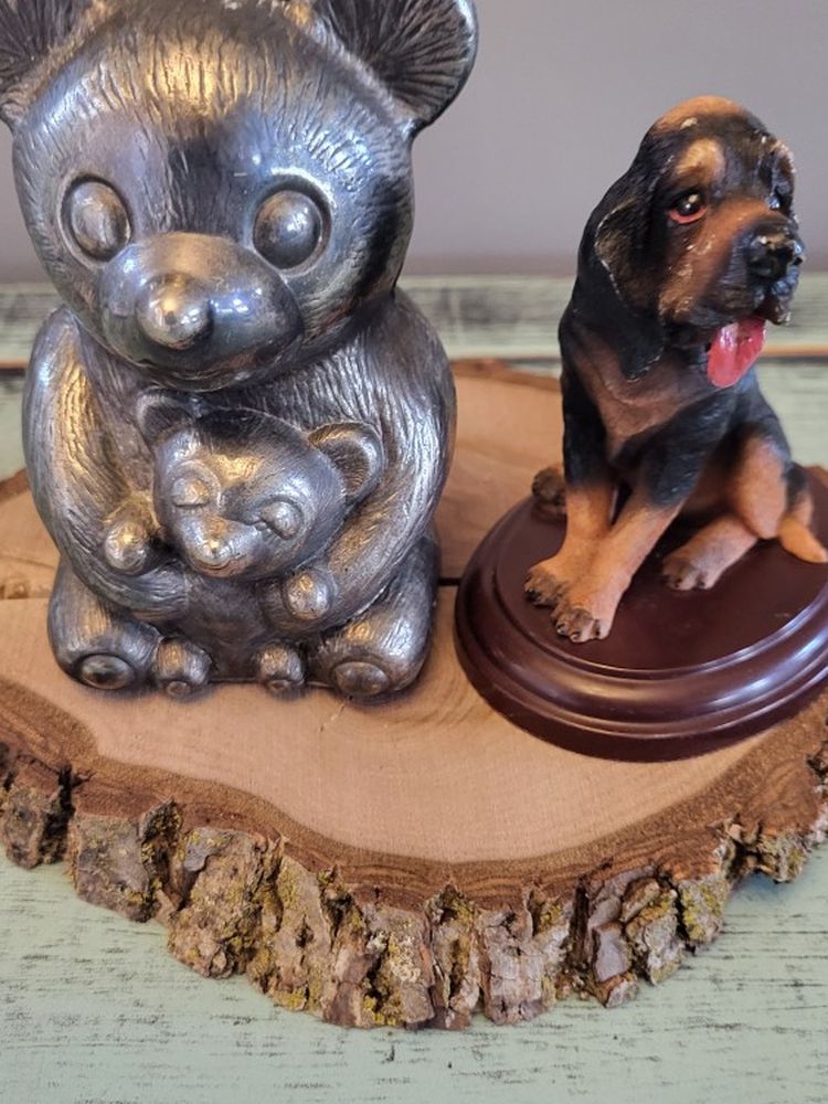 Vintage Silver Teddy Bear. And Hunting Dog Statue.