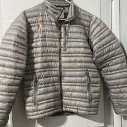 Patagonia Puff Men’s Sm. Zip Puffer Jacket Light Grey Lightweight 23&me Co. Logo