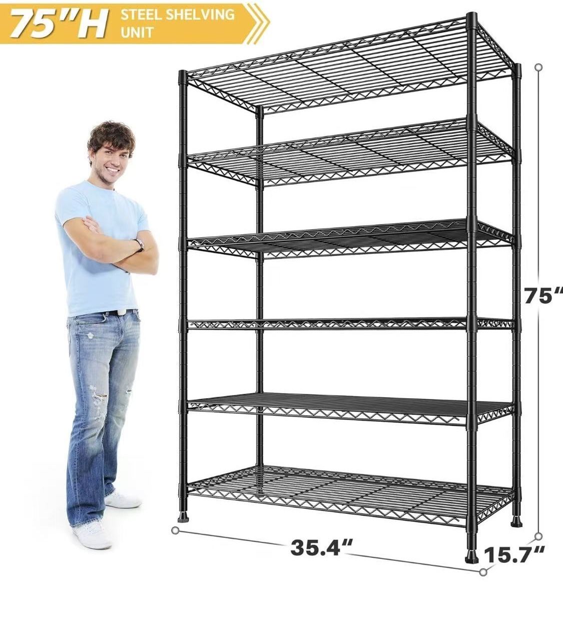 ✌️ REIBII 6-Tier 35.4''W x 75''H x 15.7"D Storage Shelves Metal Shelving Unit, Wire Shelving for Pantry Shelves Adjustable 1200LBS Garage Shelving