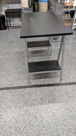 Black and Silver Desk with Two Shelves. See video for dimensions