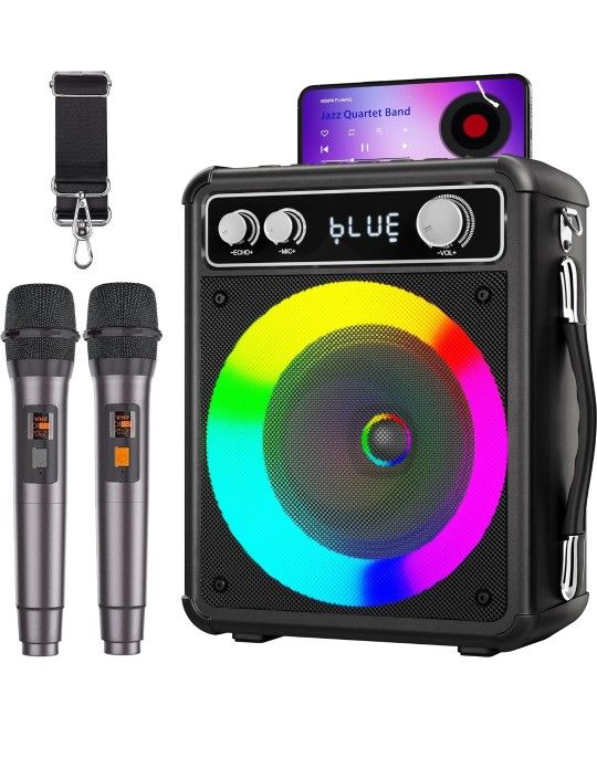 Karaoke Machine for Adults & Kids, Portable Bluetooth Speaker with 2 Wireless Microphones, PA System with LED Light, Karaoke Machine Supports REC/FM/A