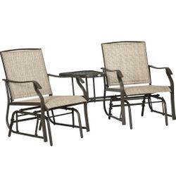 Outsunny Outdoor Glider Chairs with Coffee Table, Patio 2-Seat Rocking Chair Swing Loveseat with Breathable Sling for Backyard, Garden, and Porch