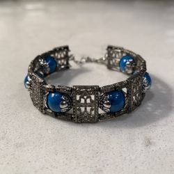 Silver Tone Adjustable Cuff Style Glass Turquoise Bead Bracelet 6 1/2”