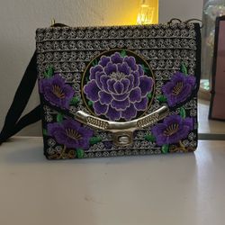 floral embroidered shoulder bag black,purple, And Gold