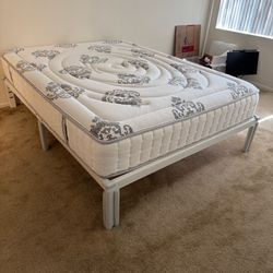 Queen Size White Metal Bed Frame and 10”Hybrid Mattress Very Clean and Good Condition