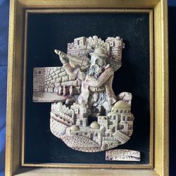 Vintage 3D Raised Jerusalem city Wailing Wall Fiddler Framed Plaque Stone Like Picture