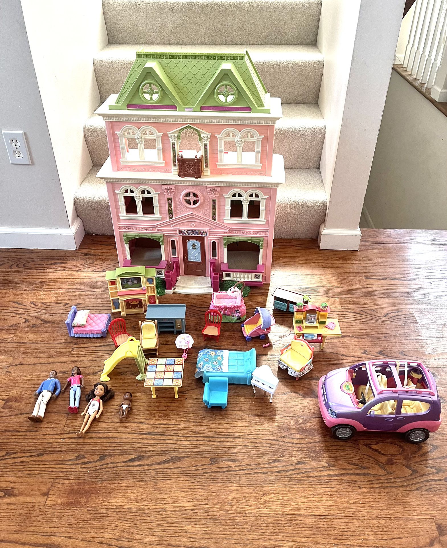 Fisher Price Loving family Victorian Mansion With Furniture, Dolls, And Car With Sounds. ($95 For All)