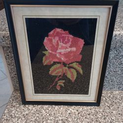 Vtg rose flower floral needlepoint cross stitch framed art pink cottage granny cottagecore completed