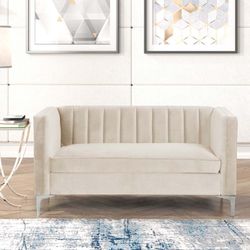 Contemporary Living Room Loveseat Velvet Upholstered Small Couch Beige
