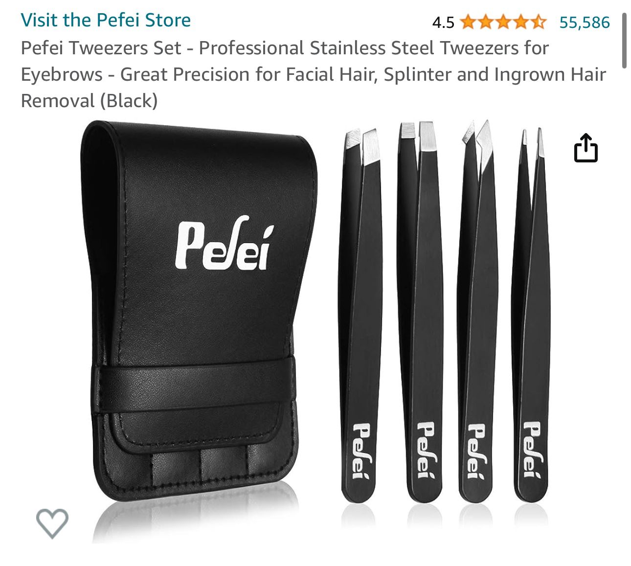 Pefei Tweezers Set - Professional Stainless Steel Tweezers for Eyebrows - Great Precision for Facial Hair, Splinter and Ingrown Hair Removal (Black)