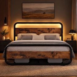 Queen Bed Frame, Metal Platform Queen Bed Frame with Wood Headboard, Brown
RBG LED Lights/Heavy Duty Metal Slats Support/12 in Under-Bed Storage/Noise