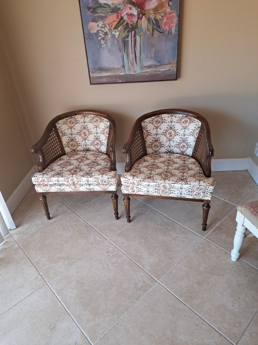 Pair Vintage Cane And Wood Barrel Chairs