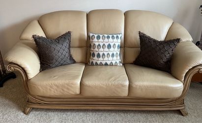 Cream Leather 3-Seater Sofa, Loveseat, and Chair with Wood Frame