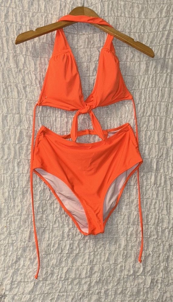 Cupshe: Vibrant Orange Tie Front Halter & High Waisted Bikini, Size: Large
