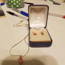 Pink Rhinestone Pendant Necklace And Ear Rings Set