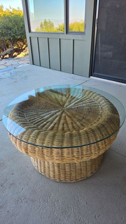 Vintage Round Wicker Coffee Table with Glass