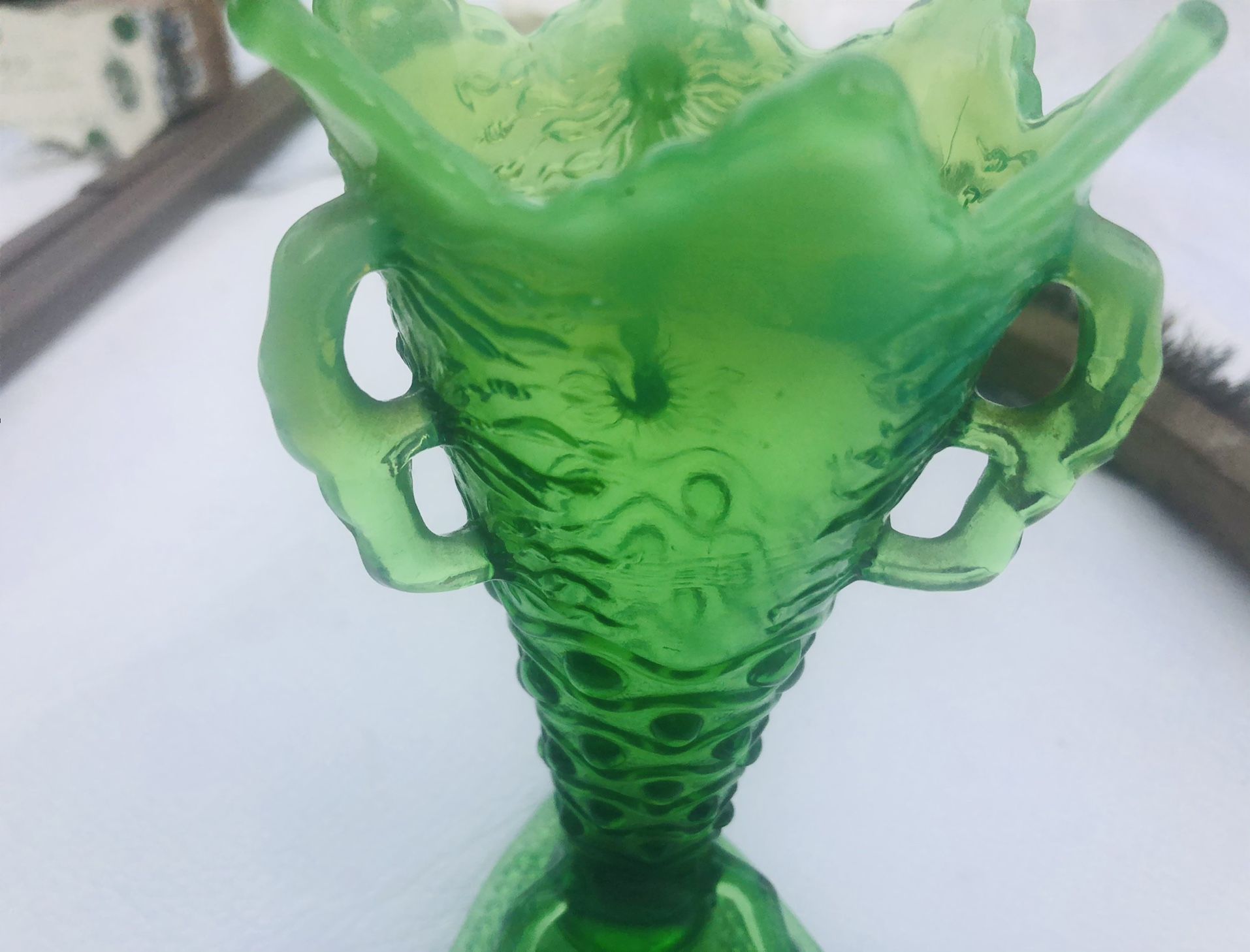 Antique Carnival Glass Three Handle Three Footed 6 inch Fluted Vase Excellent Condition No Chips