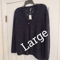NEW WITH TAG!  BLACK CARDIGAN SWEATER w/METALLIC FLECKS (Sz L)