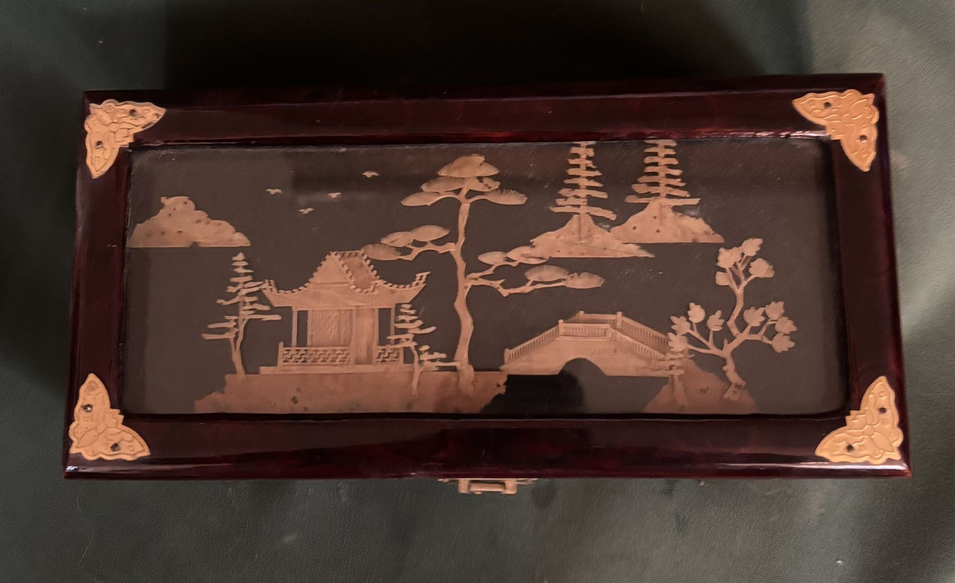 Decorative Vintage Wooden Jewelry Box With Glass Top.