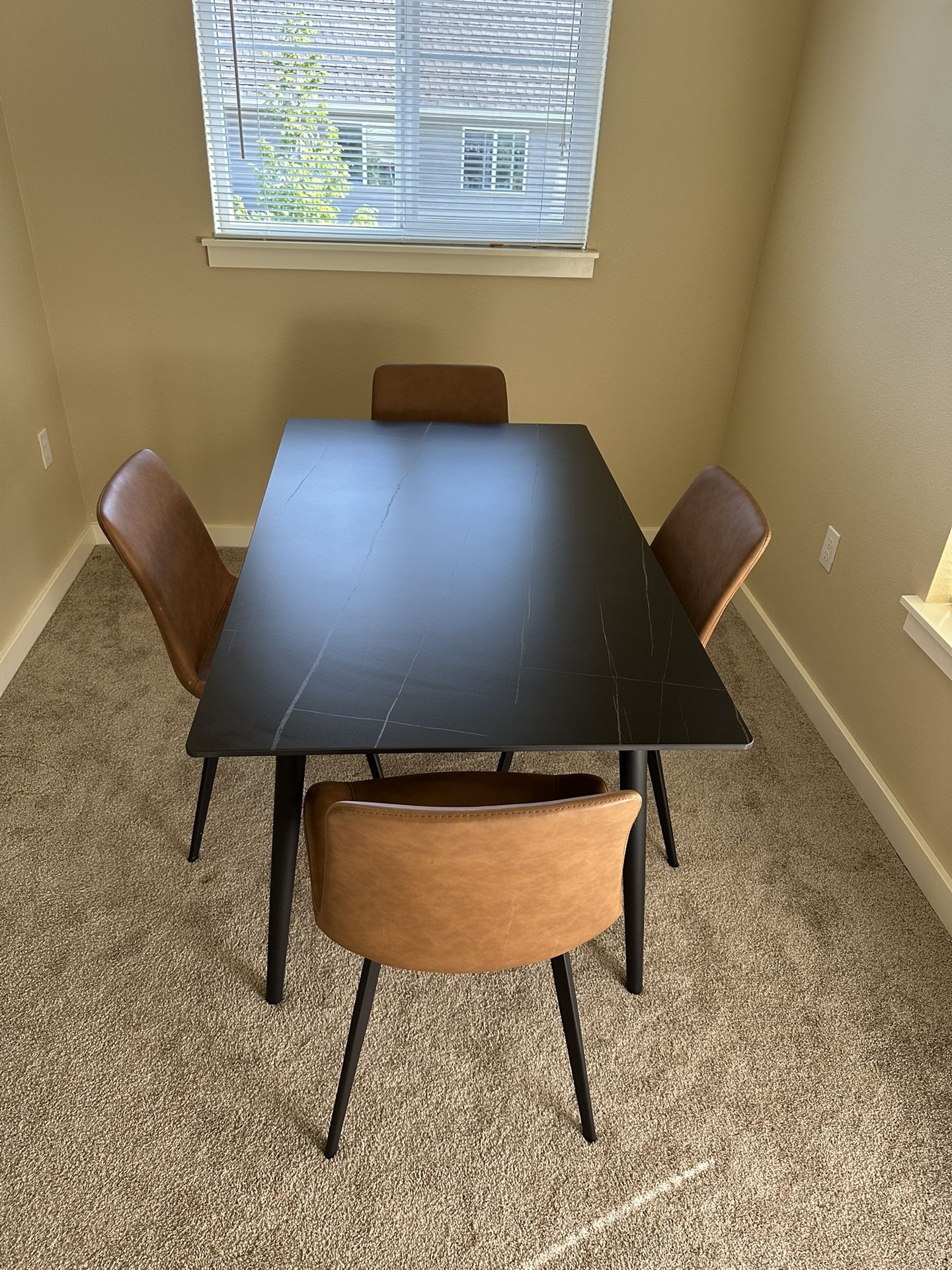 Rectangle Black Stone Dining Table With 4 Brown Faux Leather Chairs