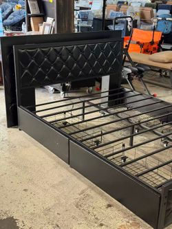 Moasis Queen Bed Frame with Headboard & 4 Storage Drawers, Modern Upholstered Faux Leather Platform Bed $199  Warehouse Address: 2745 Boone st  Columb