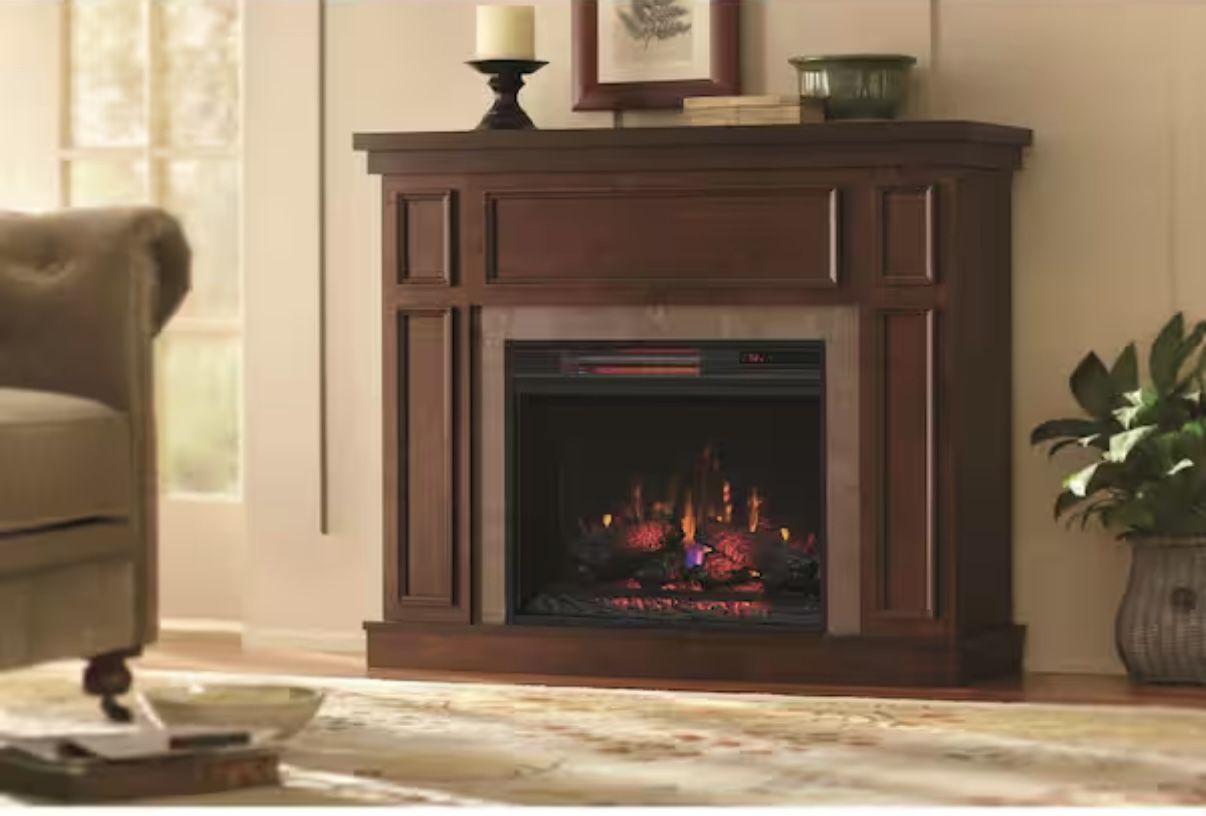 Electric Fireplace in Antique Cherry with Faux Stone Surround