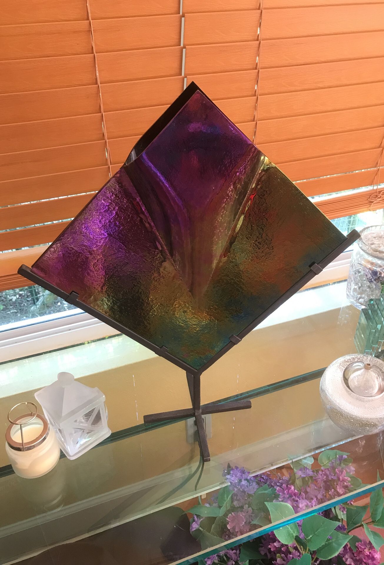 Iridescent Original Art glass accent piece w/ stand