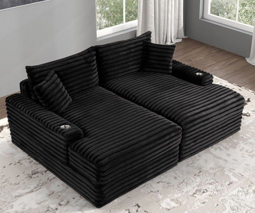 Brand New Black Super Plush Chenille Double Chaise Sofa