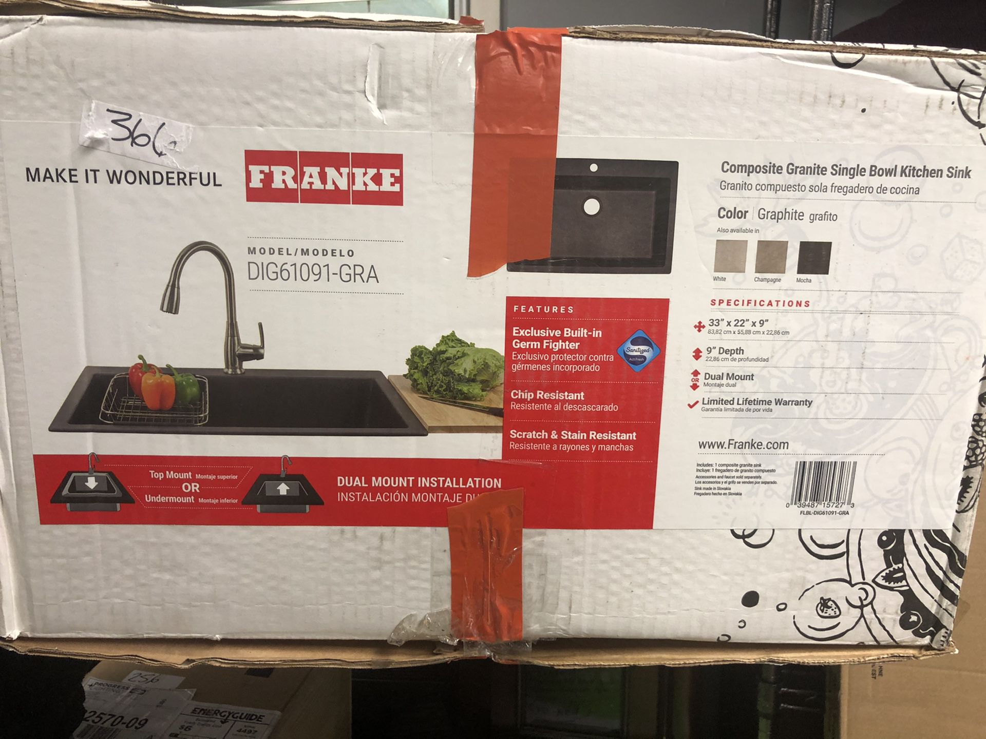 Brand new Frank composite granite single bowl kitchen sink 33”x 22” 9” . Dual mount explosive built in germ fighter , ship resistant , scratch and st