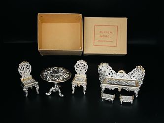 VTG/MCM Babette Schweizer German Soft Metal Dollhouse Parlor Suite From Antique Molds with Original Box